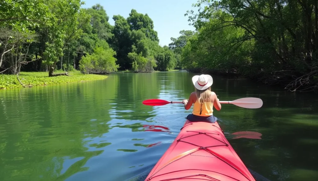 Kayaking through the Green Cathedral in Kampot, with lush mangroves and clear river water