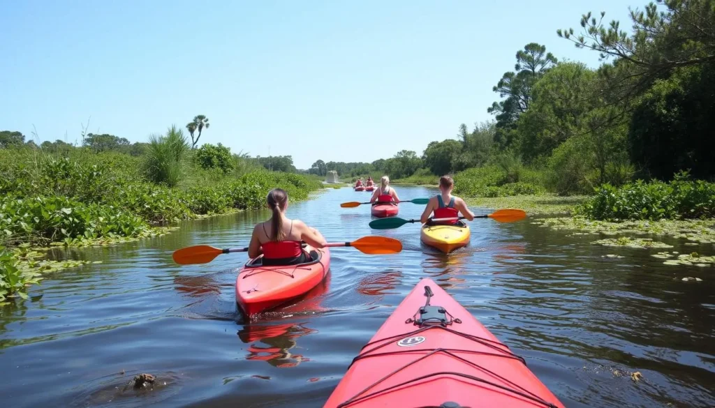 Kayaking through the scenic waterways of Escambia County Florida with lush vegetation Kayaking through the scenic waterways of Escambia County Florida with lush vegetation