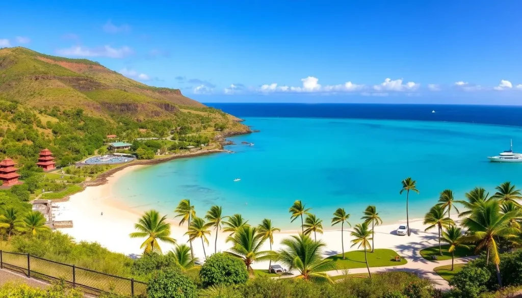 Kealakekua Bay State Historical Park, a tranquil oasis on the Kona coast of Hawaii's Big Island. Capture the serene turquoise waters, framed by lush, verdant cliffs and ancient temples. Showcase the white sand beach, dotted with swaying palm trees, inviting visitors to bask in the warm Hawaiian sun. Utilize a wide-angle lens to emphasize the grandeur of the landscape, with the iconic Captain Cook monument standing tall in the distance. Bathe the scene in soft, natural lighting, conveying the peaceful, picturesque atmosphere of this historic site. Depict the park's facilities, such as the visitor center and hiking trails, seamlessly integrated into the natural surroundings. Evoke a sense of wonder and exploration, reflecting the rich cultural heritage and natural beauty of Kealakekua Bay.