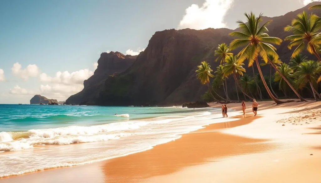 Keawakapu Beach, a serene paradise on the south shore of Maui, Hawaii. Capture the sun-dappled sand, gently lapping waves, and verdant palm trees in a picturesque scene. Showcasing the beach's natural beauty, depict the turquoise waters and golden sands framed by rugged volcanic cliffs. Include beachgoers enjoying the tranquil setting, their silhouettes offering a sense of scale and human interaction. Utilize soft, warm lighting to evoke a peaceful, relaxing atmosphere, as if captured through the lens of a skilled photographer. Convey the secluded, hidden gem-like quality of this idyllic beach destination.