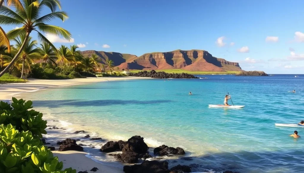 Keawakapu Beach on the island of Maui, Hawaii, during its seasonal highlights. Capture the serene azure waters lapping gently against the pristine white sand, framed by swaying palm trees and lush tropical foliage. Bask in the warm, golden sunlight casting a soft glow over the tranquil scene. Showcase the iconic volcanic rock formations in the distance, creating a dramatic backdrop. Highlight the variety of water activities, from stand-up paddleboarding to snorkeling, as visitors enjoy the idyllic coastal setting. Convey a sense of relaxation and harmony, reflecting the perfect balance of Maui's natural beauty and the ideal time to visit Keawakapu Beach.