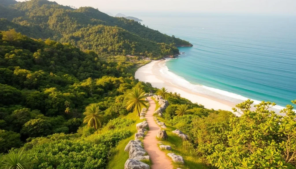 Kep National Park, a coastal wilderness in Cambodia, bathed in warm, golden sunlight. Lush, verdant forests stretch out before a pristine beach, the azure waters of the Gulf of Thailand lapping gently at the shore. In the middle ground, a winding path leads through the jungle, inviting visitors to explore the park's diverse flora and fauna. Weathered boulders dot the landscape, creating a rugged, natural charm. The scene exudes a sense of tranquility and adventure, capturing the essence of this unspoiled coastal haven.