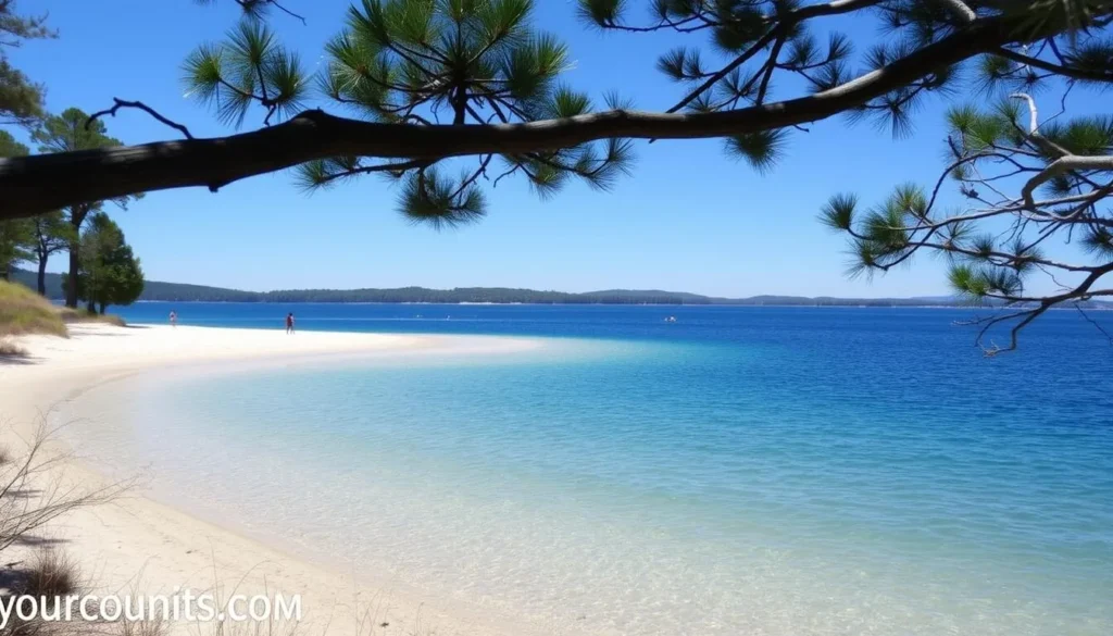 Keuka Lake State Park beach area with clear blue water and forested shoreline in Yates County, New York Keuka Lake State Park beach area with clear blue water and forested shoreline in Yates County, New York