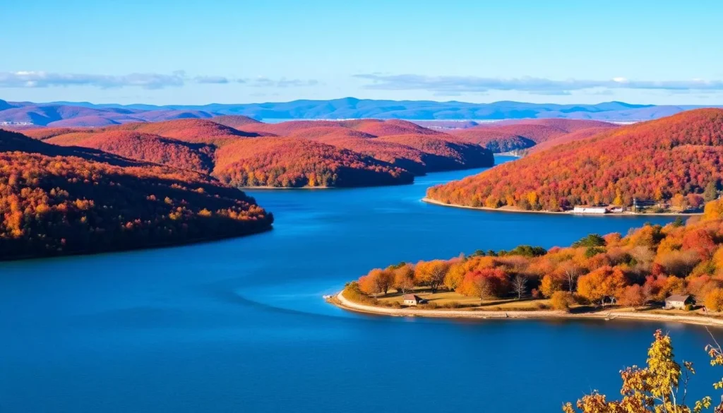 Keuka Lake in Steuben County during fall with colorful foliage and vineyards Keuka Lake in Steuben County during fall with colorful foliage and vineyards