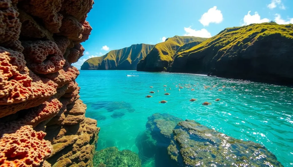 Kikaua Point Park, a picturesque Hawaiian oasis. Emerald waters shimmer under the warm sun, beckoning snorkelers to explore the vibrant marine life below. In the foreground, coral-encrusted rock formations frame a serene cove, while in the middle ground, schools of tropical fish dart through the shallows. The background features lush, verdant cliffs rising up from the shoreline, creating a stunning natural backdrop. Capture the tranquility and wonder of this enchanting setting with a wide-angle lens, showcasing the breathtaking harmony of land and sea. Convey the sense of peaceful discovery as visitors immerse themselves in the underwater world of Kikaua Point Park.