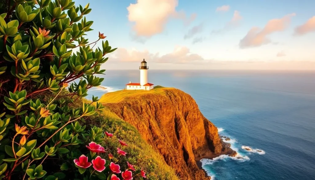 Kilauea Point National Wildlife Refuge, a stunning natural wonder on the island of Kauai, Hawaii. Perched atop a dramatic cliff, the refuge offers breathtaking views of the Pacific Ocean and the rugged coastline. In the foreground, lush vegetation frames the scene, with vibrant green foliage and colorful tropical flowers. The middle ground features the iconic lighthouse, its white facade gleaming in the warm, golden sunlight. In the background, the vast expanse of the ocean stretches out, dotted with crashing waves and the distant horizon. The atmosphere is one of tranquility and natural beauty, inviting visitors to explore the refuge's trails and observe the diverse wildlife that call this place home.