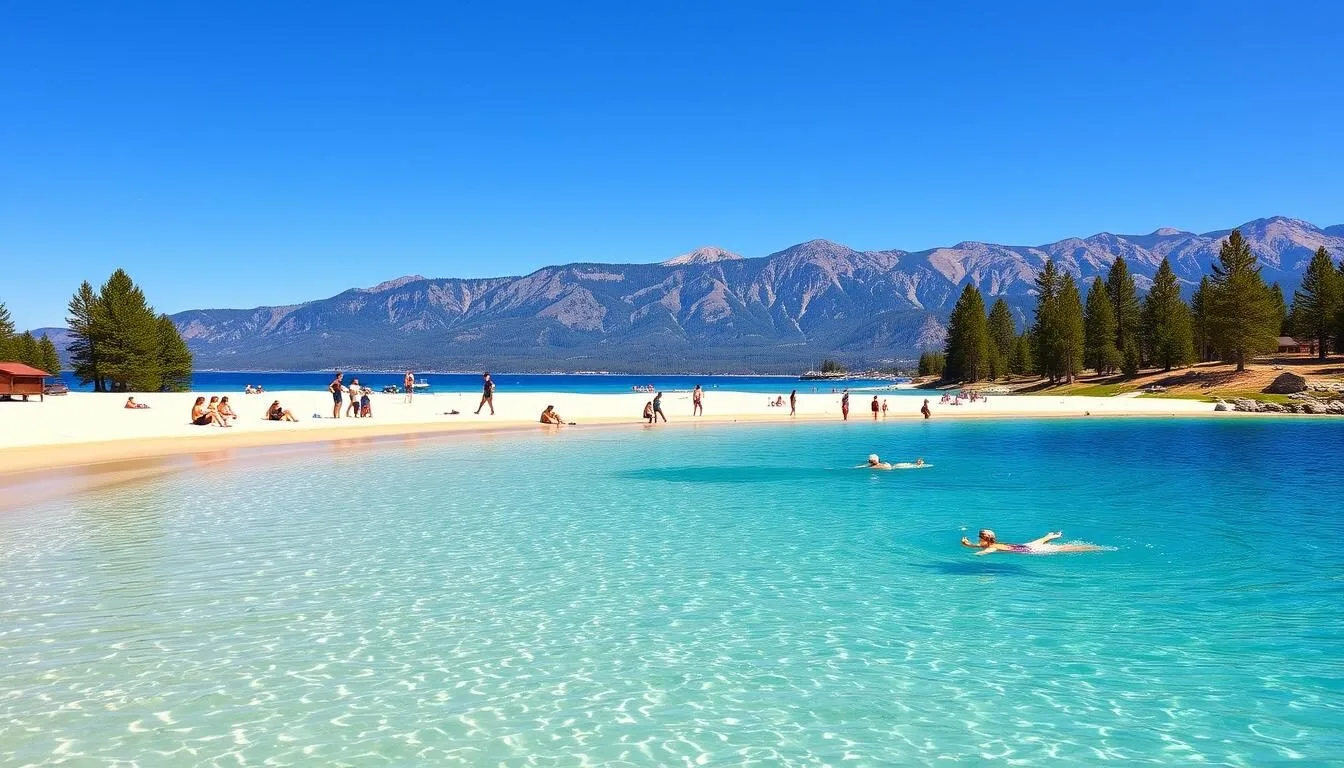 Kings Beach State Recreation Area on Lake Tahoe in Placer County with sandy shores and crystal clear water