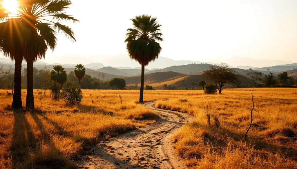 Kirirom National Park in Cambodia during the dry season, a serene landscape bathed in golden sunlight. In the foreground, a winding dirt path leads through the parched grasslands, framed by towering palm trees. The middle ground reveals rolling hills dotted with sparse vegetation, creating a rugged, weathered appearance. In the distance, the hazy blue silhouettes of distant mountains create a tranquil backdrop. The warm, diffused lighting casts long shadows, evoking a sense of tranquility and timelessness. Capture the essence of this beautiful natural wonder at its quietest and most contemplative moment.