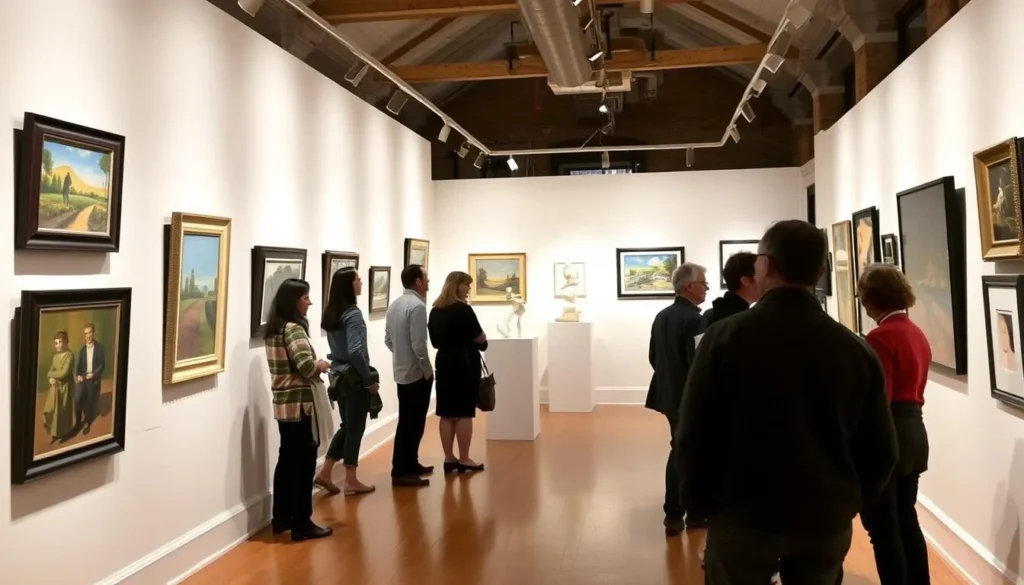 Kirkland Arts Center gallery exhibition with visitors viewing local artwork Kirkland Arts Center gallery exhibition with visitors viewing local artwork
