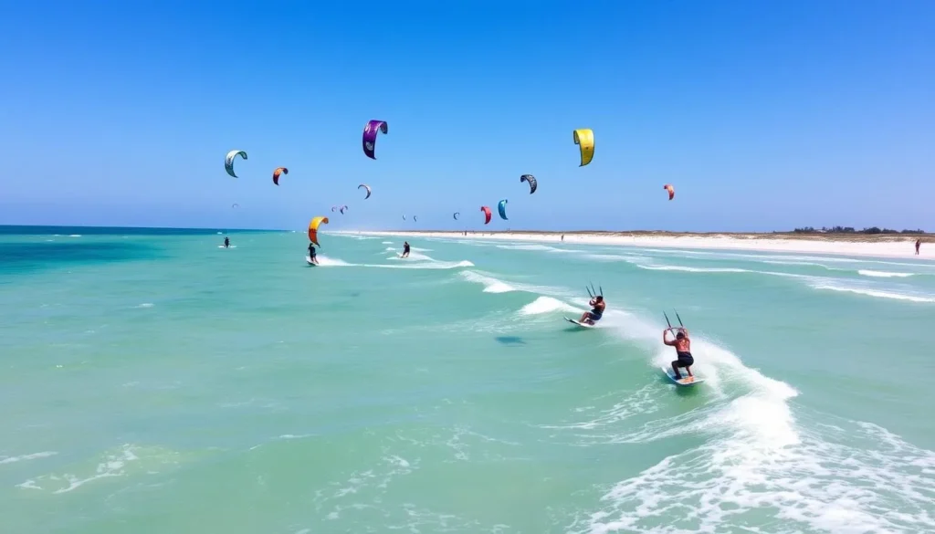 Kiteboarding at Grand Isle with colorful kites against blue sky Kiteboarding at Grand Isle with colorful kites against blue sky