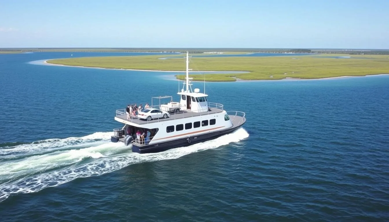 Knotts Island Ferry crossing Currituck Sound in North Carolina with passengers enjoying the scenic water views