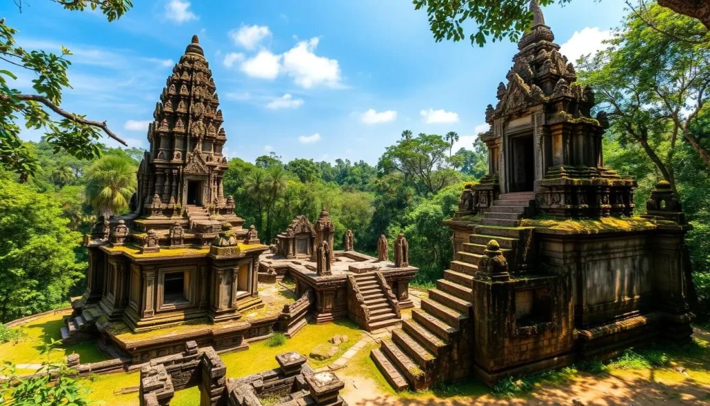 Koh Ker, an ancient Khmer capital nestled in the Cambodian jungle, stands as a stunning testament to the grandeur of the past. Capture the weathered stone temples amidst lush foliage, with sunlight filtering through the canopy, casting a warm glow upon the moss-covered ruins. Showcase the towering, pyramid-shaped Prasat Thom temple, its intricate carvings and steep stairs inviting exploration. In the middle ground, depict the crumbling yet majestic architecture, while in the background, dense forests and a clear, azure sky create a serene and captivating atmosphere. Employ a wide-angle lens to convey the scale and scope of this remarkable archaeological site, showcasing its timeless beauty and the allure of Cambodia's rich heritage.