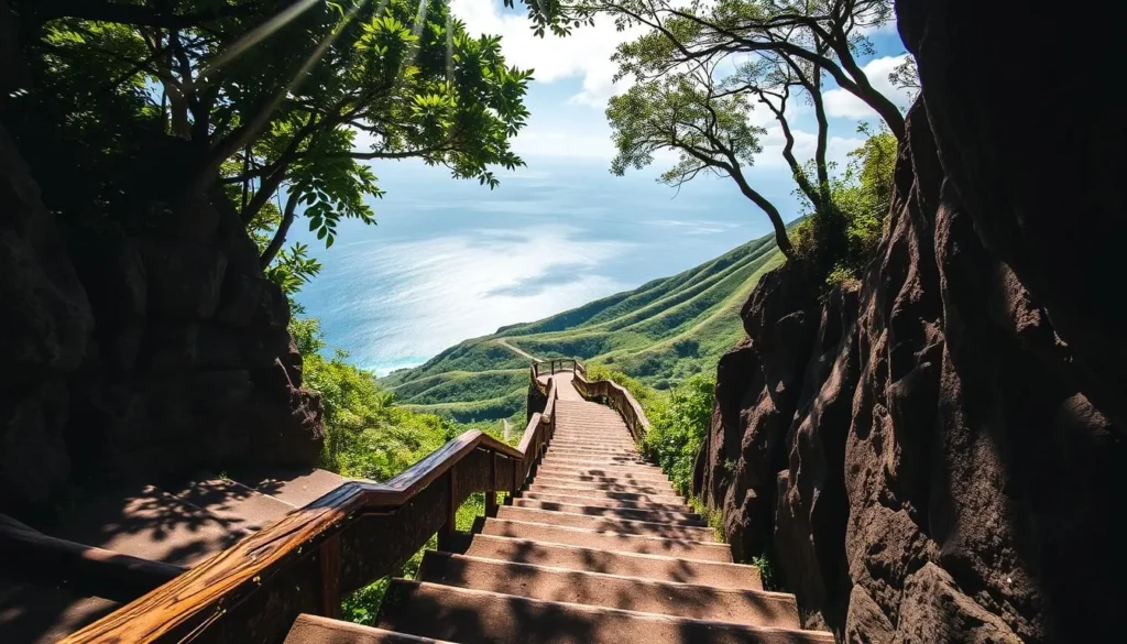 Koko Head Trail Steps: A Stunning Hike Through Oahu's Lush Terrain. A winding staircase carved into the volcanic rock, leading hikers through a serene landscape of lush greenery and sweeping vistas. Sunlight filters through the canopy, casting a warm glow on the weathered steps. In the middle ground, the trail winds up the hillside, inviting explorers to ascend towards the panoramic views above. In the distance, the azure waters of the Pacific Ocean glimmer, framed by the verdant slopes. An atmospheric, high-contrast scene capturing the essence of this iconic Oahu hike.