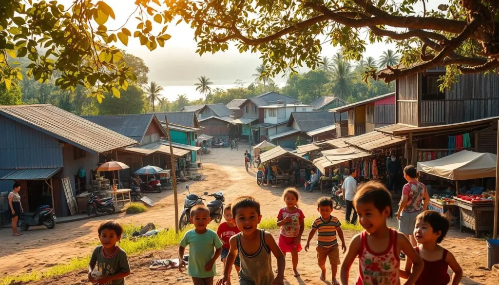 Kratie village nestled along the banks of the mighty Mekong River, its colorful wooden houses and bustling market stalls basking in the warm glow of the afternoon sun. In the foreground, children play happily, their laughter filling the air. Venture deeper into the village, where artisans showcase their intricate handcrafts, and the scent of local cuisine wafts through the streets. Capture the essence of Cambodian culture in a wide-angle shot, framing the picturesque riverside landscape and the vibrant community that thrives within.