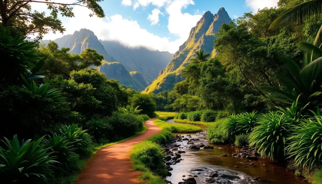 Kualoa Ranch, a lush, verdant paradise nestled in the heart of Oahu's natural splendor. Capture the towering green mountains, their peaks kissed by wispy clouds, as they rise majestically in the background. In the foreground, a picturesque path winds through the vibrant foliage, inviting exploration. Sunlight filters through the canopy, casting a warm, golden glow over the scene. The tranquil waters of a nearby stream reflect the surrounding beauty, creating a serene and inviting atmosphere. This idyllic landscape, a true testament to Hawaii's natural wonders, beckons visitors to immerse themselves in the wonder of Kualoa Ranch.