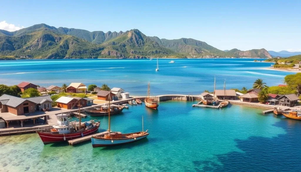 Kubura Bay with its small fishing port and traditional boats Kubura Bay with its small fishing port and traditional boats