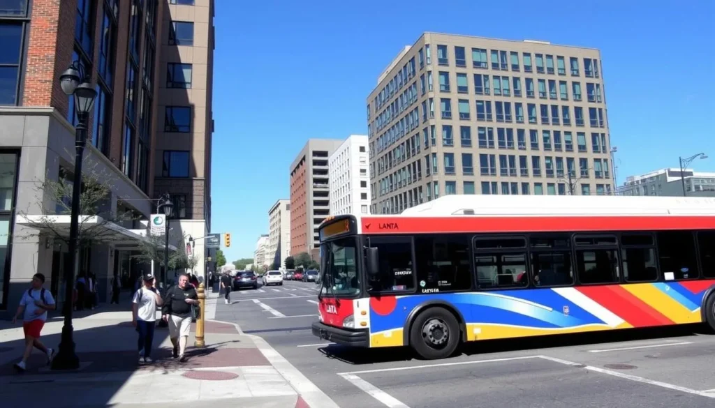 LANTA bus in downtown Allentown Pennsylvania with pedestrians walking to various things to do LANTA bus in downtown Allentown Pennsylvania with pedestrians walking to various things to do