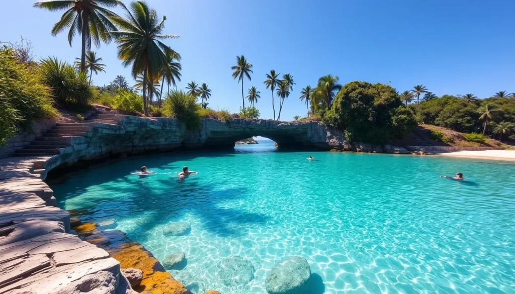 La Piscina natural swimming pool with people enjoying the calm protected waters La Piscina natural swimming pool with people enjoying the calm protected waters