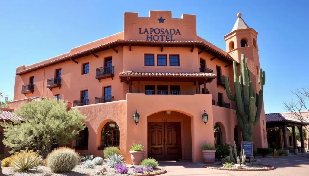 La Posada Hotel in Winslow, Arizona showing historic architecture and gardens La Posada Hotel in Winslow, Arizona showing historic architecture and gardens