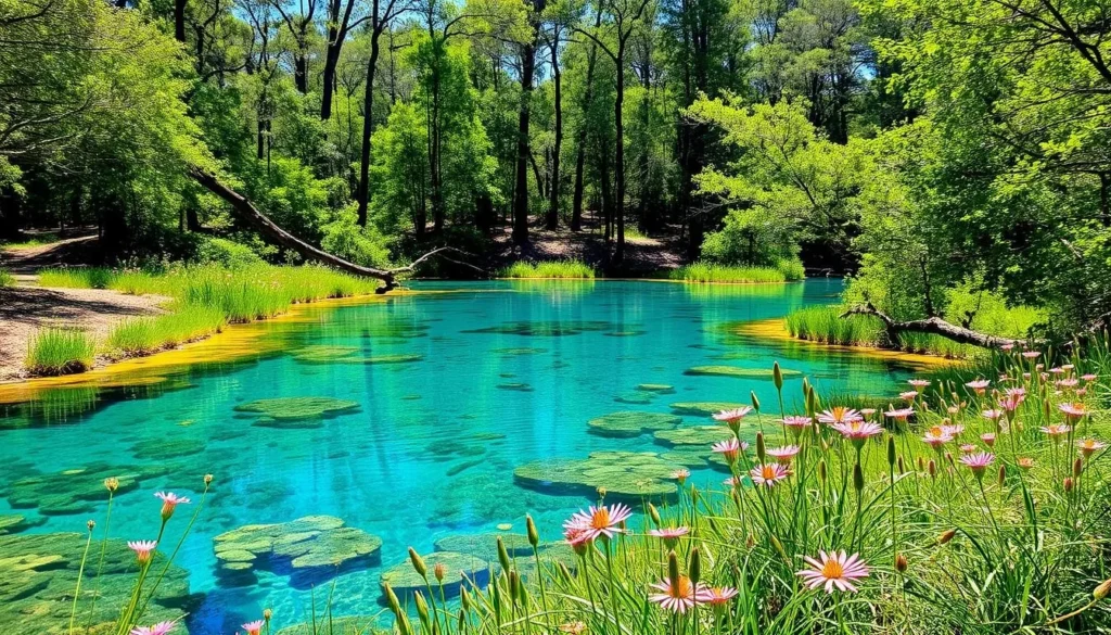 Lafayette Blue Springs State Park in spring with crystal clear blue water surrounded by blooming wildflowers and green trees Lafayette Blue Springs State Park in spring with crystal clear blue water surrounded by blooming wildflowers and green trees