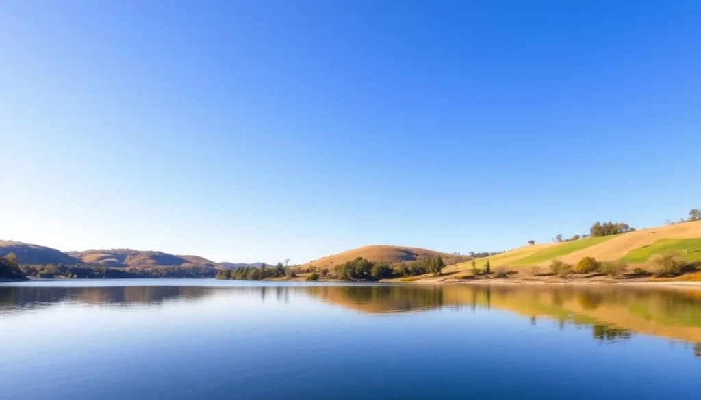 Lafayette Reservoir in Contra Costa County with calm waters reflecting trees and blue sky on a sunny day Lafayette Reservoir in Contra Costa County with calm waters reflecting trees and blue sky on a sunny day