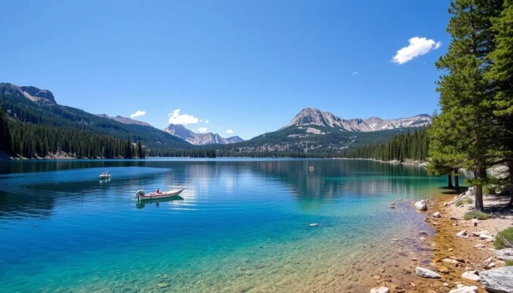 Lake Alpine in Alpine County California with boats and mountains