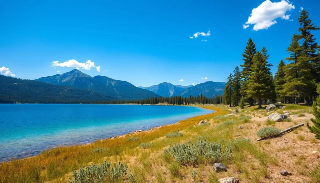 Lake Auburn shoreline with mountains in the background on a clear day Lake Auburn shoreline with mountains in the background on a clear day