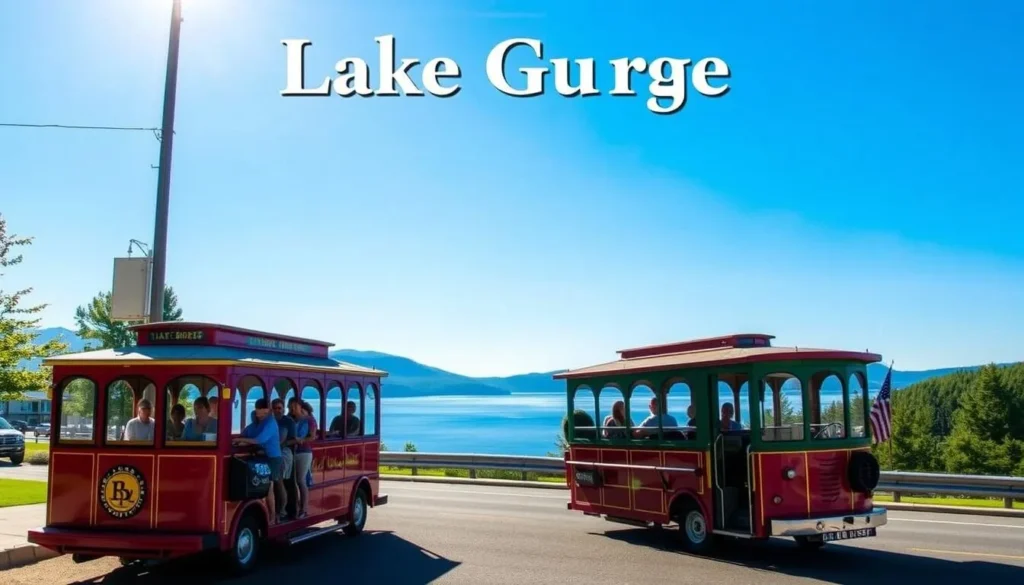 Lake George Trolley service transporting visitors along Beach Road with Lake George visible in the background Lake George Trolley service transporting visitors along Beach Road with Lake George visible in the background
