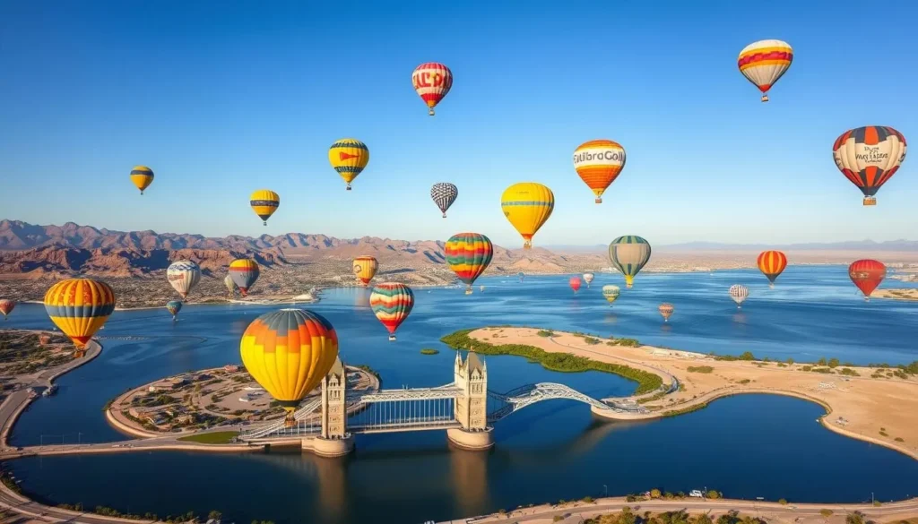 Lake Havasu Balloon Festival with colorful hot air balloons over the lake and London Bridge