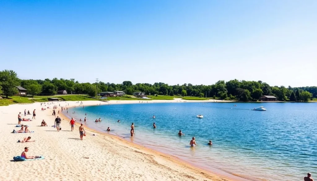 Lake Manawa State Park showing the beach area with people enjoying water activities on a sunny day Lake Manawa State Park showing the beach area with people enjoying water activities on a sunny day