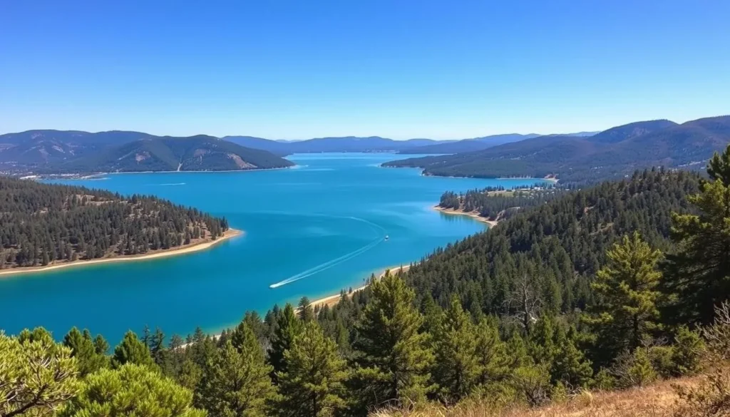 Lake Oroville with emerald waters and surrounding forested hills Lake Oroville with emerald waters and surrounding forested hills