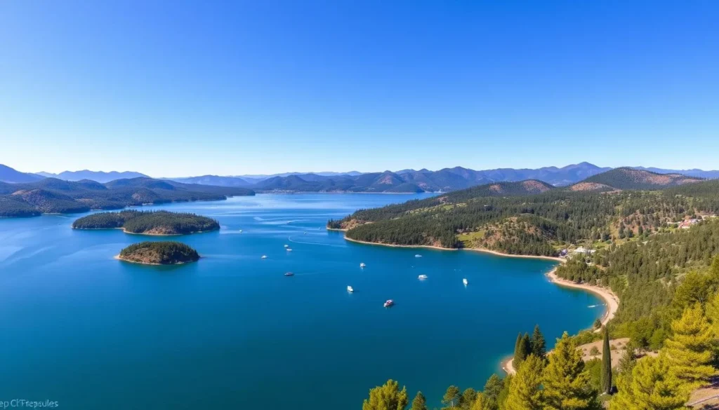 Lake Oroville with houseboats and surrounding mountains in Butte County California Lake Oroville with houseboats and surrounding mountains in Butte County California