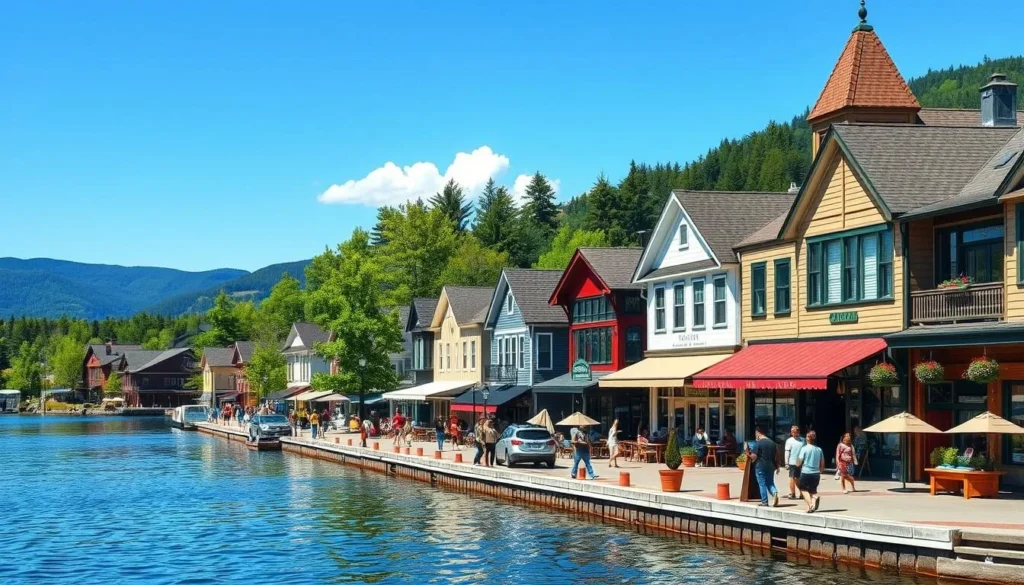 Lake Placid village with shops and restaurants along Mirror Lake Lake Placid village with shops and restaurants along Mirror Lake