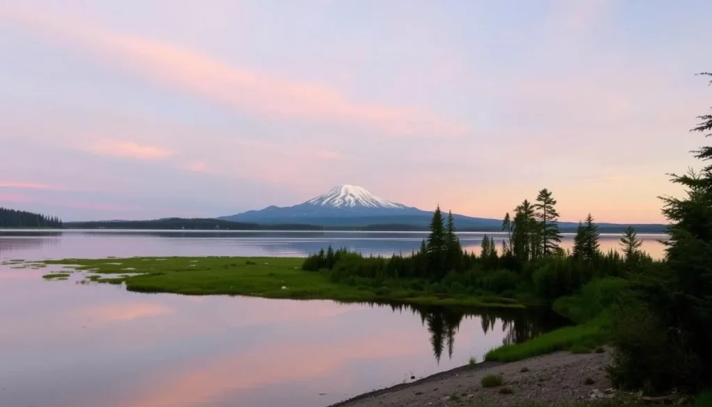 Lake Siskiyou Beach with Mount Shasta reflected in the calm waters