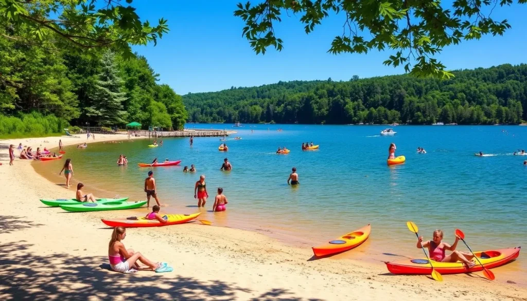 Lake Taghkanic State Park beach area with swimmers and boaters enjoying a summer day Lake Taghkanic State Park beach area with swimmers and boaters enjoying a summer day