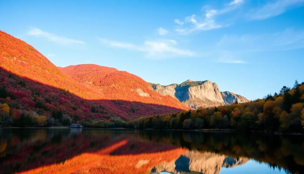 Lake Willoughby in autumn with vibrant fall foliage reflecting in the calm waters, surrounded by the colorful mountains Lake Willoughby in autumn with vibrant fall foliage reflecting in the calm waters, surrounded by the colorful mountains