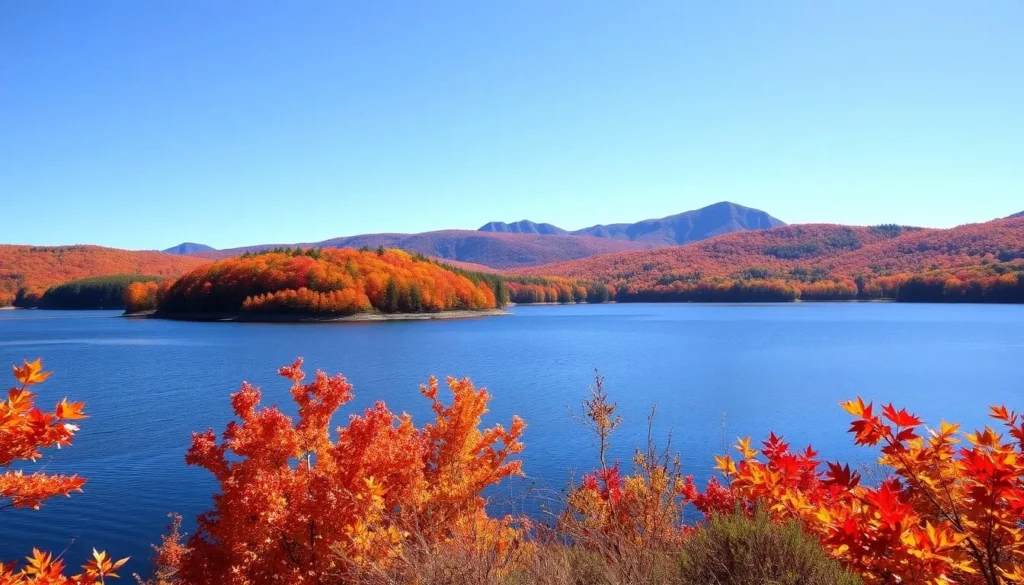 Lake Winnipesaukee in autumn with vibrant fall foliage reflecting in the calm water Lake Winnipesaukee in autumn with vibrant fall foliage reflecting in the calm water