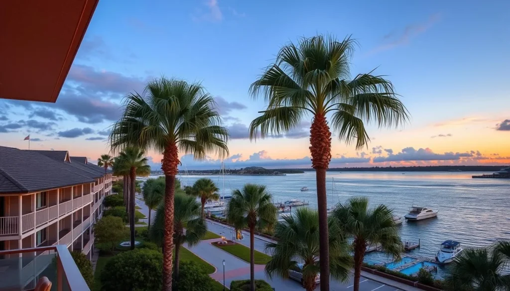 Lakefront hotel view in Winter Haven Polk County Florida with sunset over Chain of Lakes