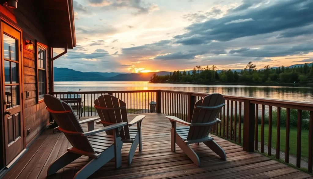 Lakeside accommodation with Adirondack chairs overlooking Lake Champlain in Clinton County, New York Lakeside accommodation with Adirondack chairs overlooking Lake Champlain in Clinton County, New York