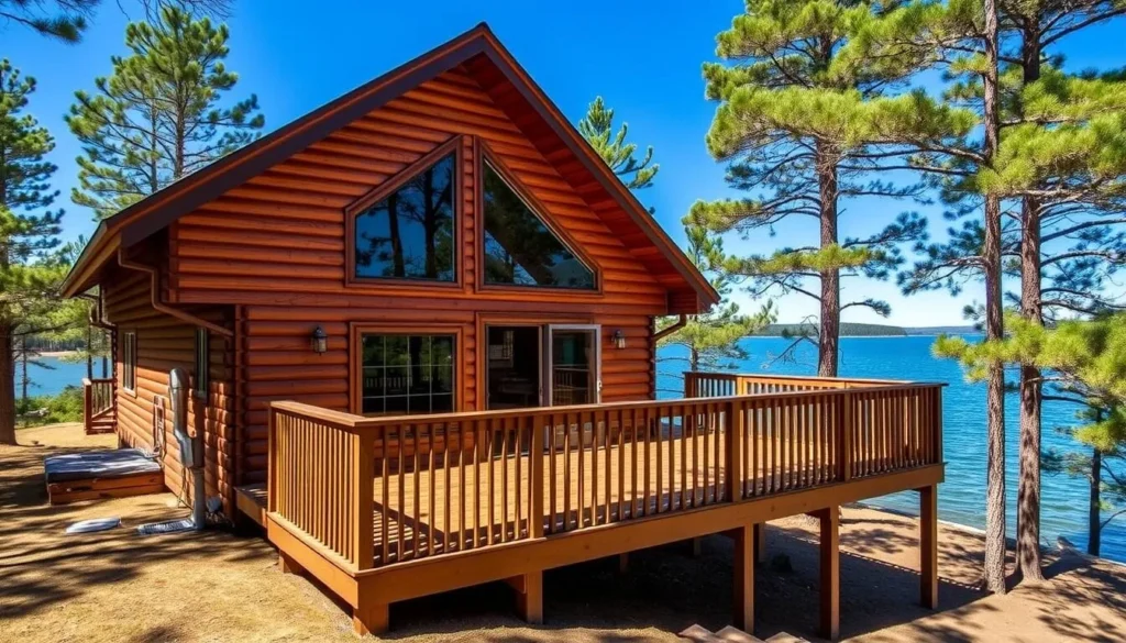 Lakeside cabin at Lake Texoma, Oklahoma with a deck overlooking the water Lakeside cabin at Lake Texoma, Oklahoma with a deck overlooking the water
