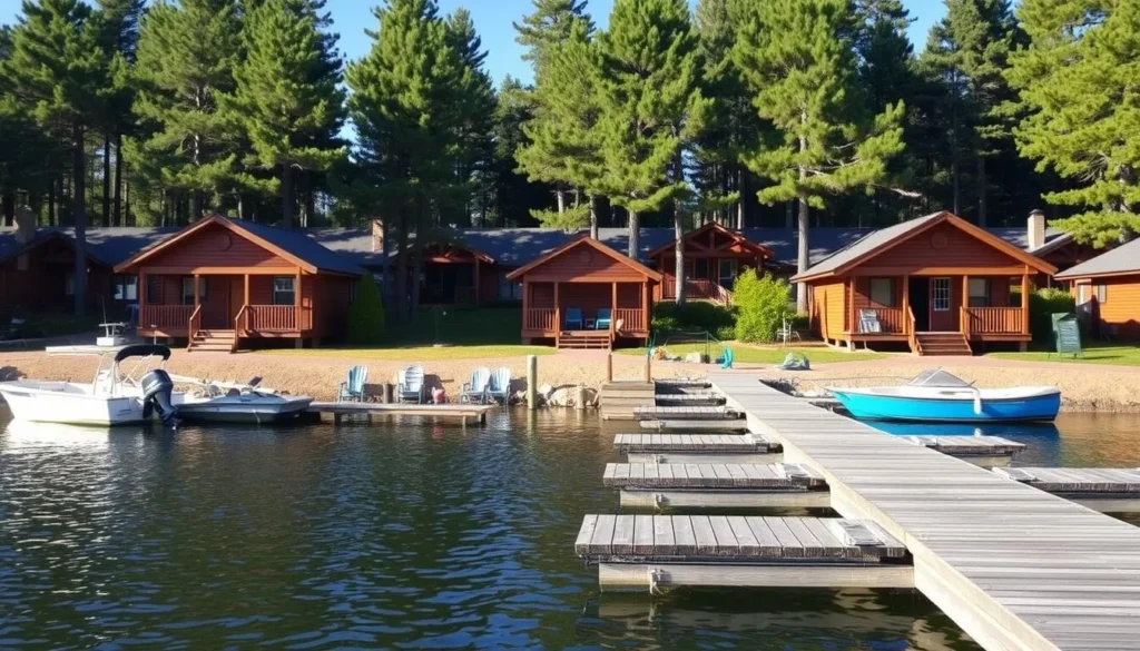 Lakeside cabin resort on Cross Lake with wooden docks and boats Lakeside cabin resort on Cross Lake with wooden docks and boats
