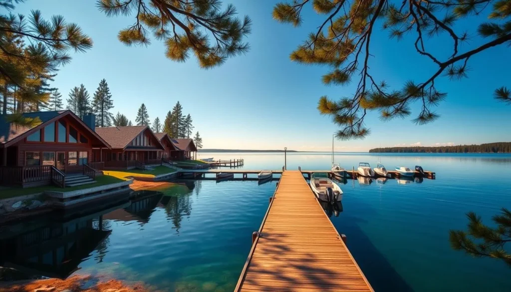 Lakeside cabin resort on Gull Lake with dock and boats Lakeside cabin resort on Gull Lake with dock and boats