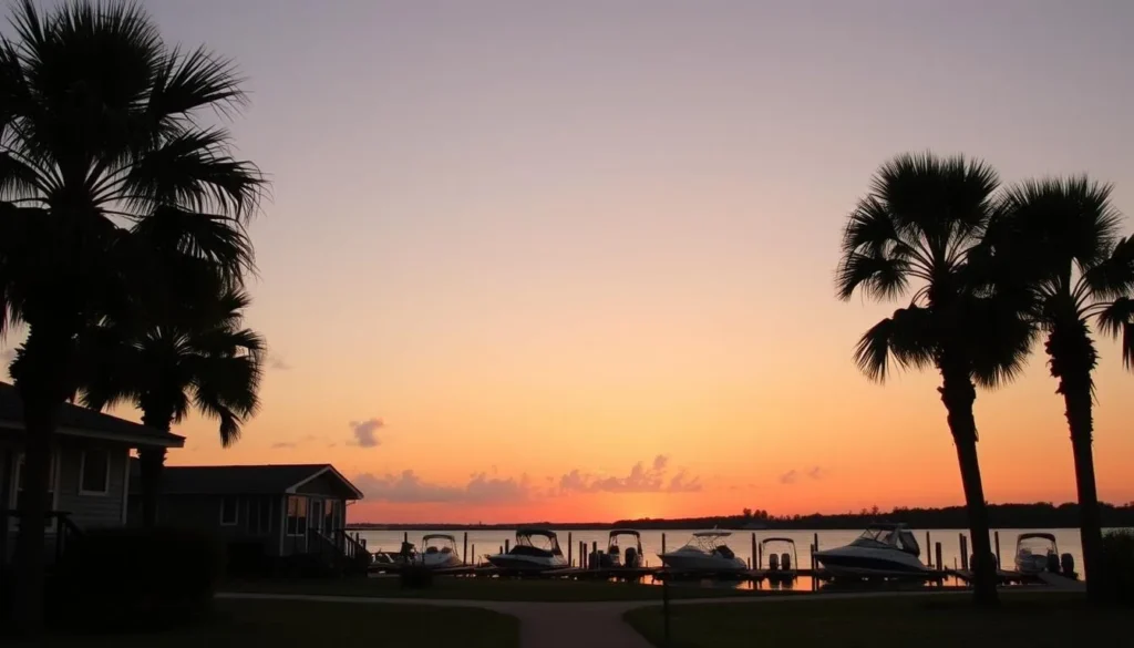Lakeside cabins at sunset at an Okeechobee County resort with palm trees and boats docked nearby Lakeside cabins at sunset at an Okeechobee County resort with palm trees and boats docked nearby