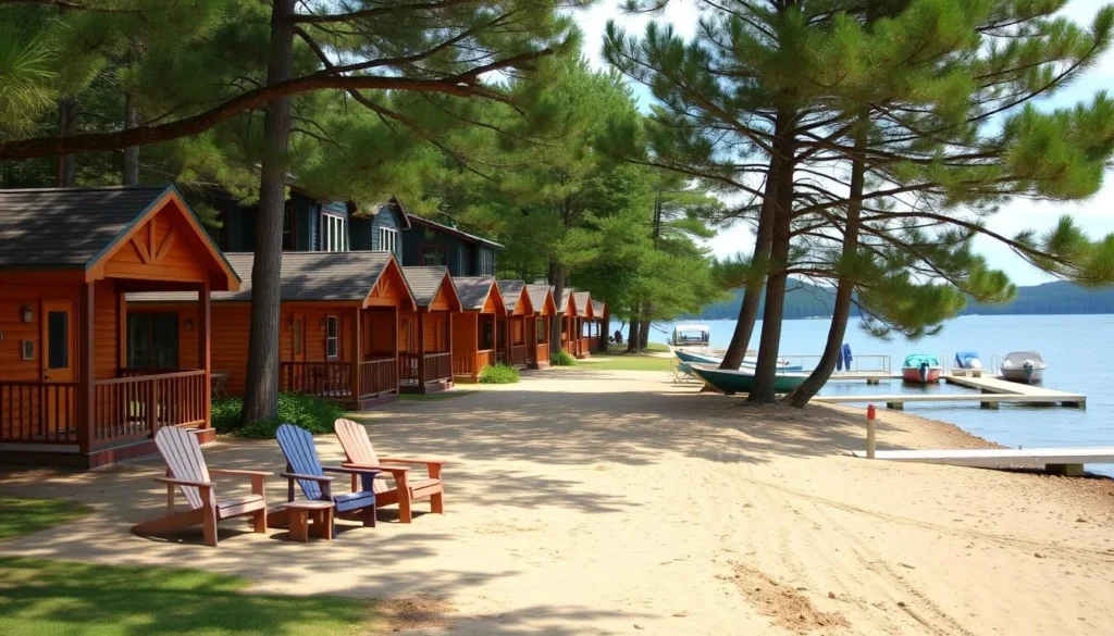 Lakeside cottages with private beach at Blue Lagoon Resort in Lake George, Warren County, NY Lakeside cottages with private beach at Blue Lagoon Resort in Lake George, Warren County, NY