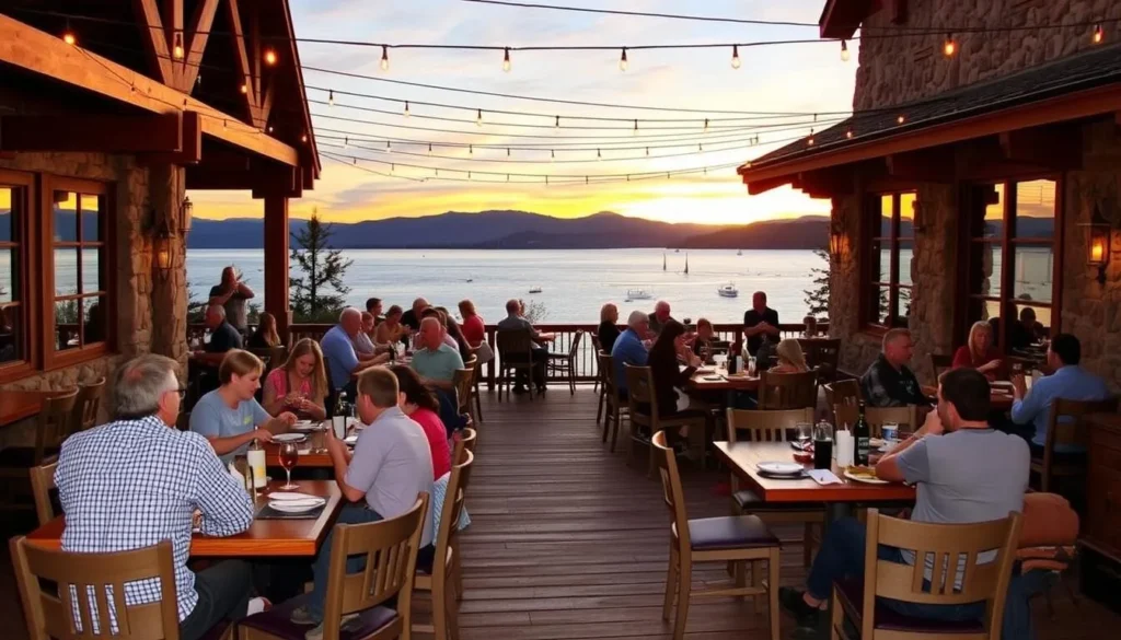 Lakeside dining at The Beacon Restaurant with views of Lake Tahoe at sunset Lakeside dining at The Beacon Restaurant with views of Lake Tahoe at sunset
