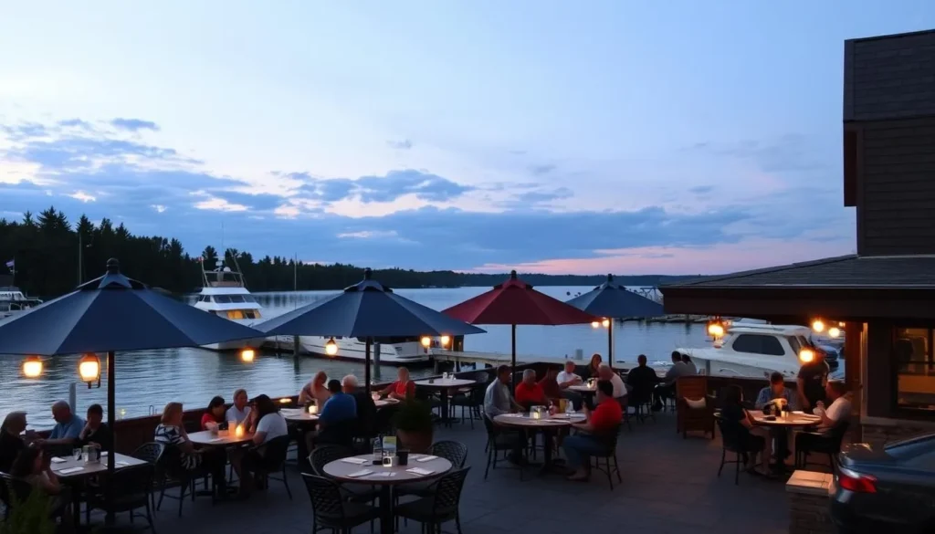 Lakeside restaurant in Cross Lake with outdoor patio dining overlooking the water Lakeside restaurant in Cross Lake with outdoor patio dining overlooking the water