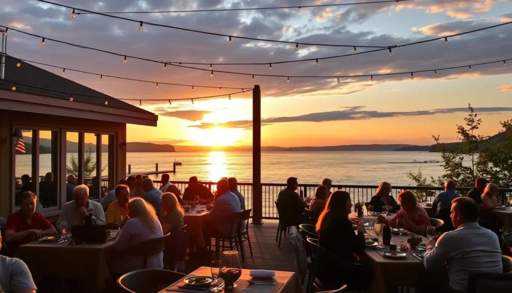 Lakeside restaurant with outdoor dining area overlooking Chautauqua Lake at sunset Lakeside restaurant with outdoor dining area overlooking Chautauqua Lake at sunset