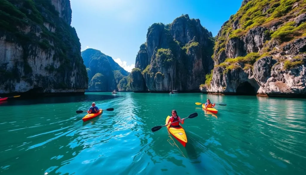 Lan Ha Bay with kayakers paddling through limestone karsts