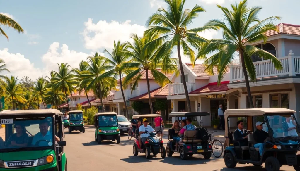 Lanai City on a bright, sunny day. A bustling scene of local transportation - compact vehicles, electric carts, and the occasional bicycle navigating the quaint streets lined with lush tropical foliage. In the foreground, a group of residents chatting casually while waiting for their ride. The middle ground showcases the charming architecture of the town, with its low-rise buildings and red-tiled roofs. Warm, golden light filters through the palms, casting soft shadows and creating a welcoming, laid-back atmosphere. Capture the essence of a relaxed, island lifestyle as visitors prepare to explore Lanai's beautiful beaches.