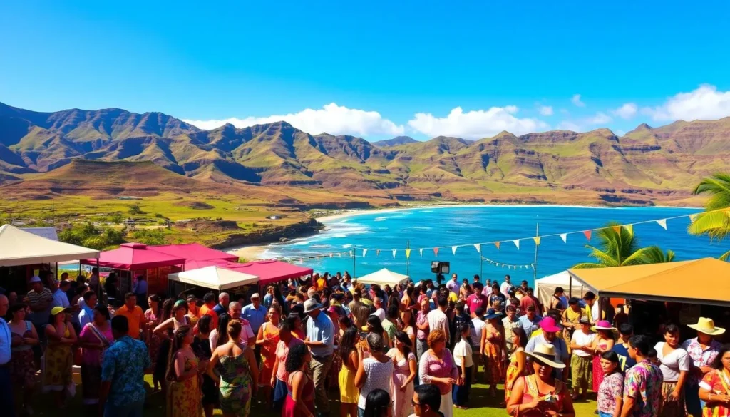 Lanai Island Festival: A vibrant celebration of island culture set against the breathtaking backdrop of the Hawaiian landscape. In the foreground, a lively crowd gathers, adorned in colorful traditional attire, dancing to the rhythmic beats of live music. In the middle ground, vibrant food stalls offer an array of local delicacies, while artisanal crafts and handmade souvenirs beckon visitors. The background is dominated by the lush, verdant hills and the shimmering azure waters of the Pacific Ocean, bathed in warm, golden sunlight. The overall scene exudes a sense of joy, community, and a deep appreciation for the unique cultural heritage of Lanai.